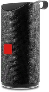 Portable Bluetooth Speaker, Black Mesh Fabric, Wireless Audio Device with Red Logo, Cylindrical Design