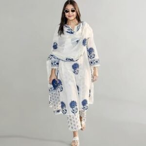 Nermosa Women's Hand Block Floral Printed Straight Kurta Set with Palazzo Pants & Dupatta Ethnic Kurta Set for Casual Outings Day Events Summer Wear Festive